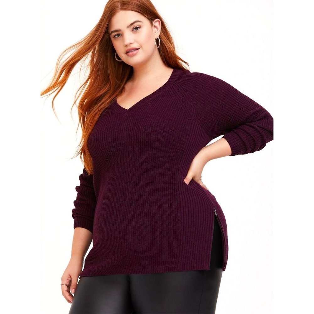 Torrid Burgundy Ribbed Pullover Raglan Sleeve Sweater with Side Zips Size 1X EUC